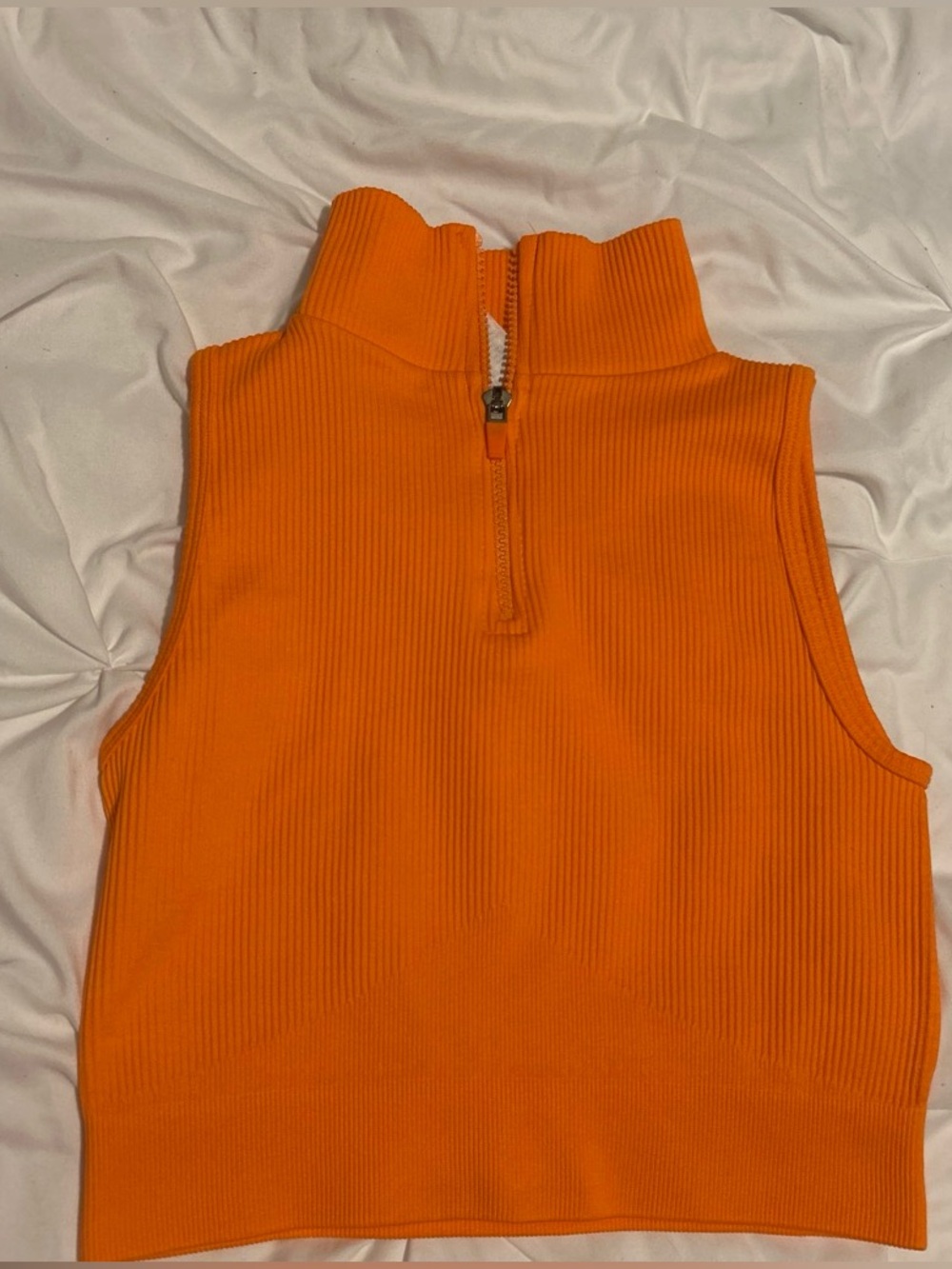 Orange Sleeveless Ribbed Mock Neck Top with Half-Zip